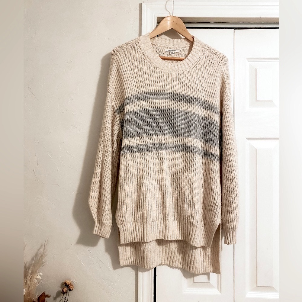 Cream knit American Eagle long cozy sweater with blue stripes